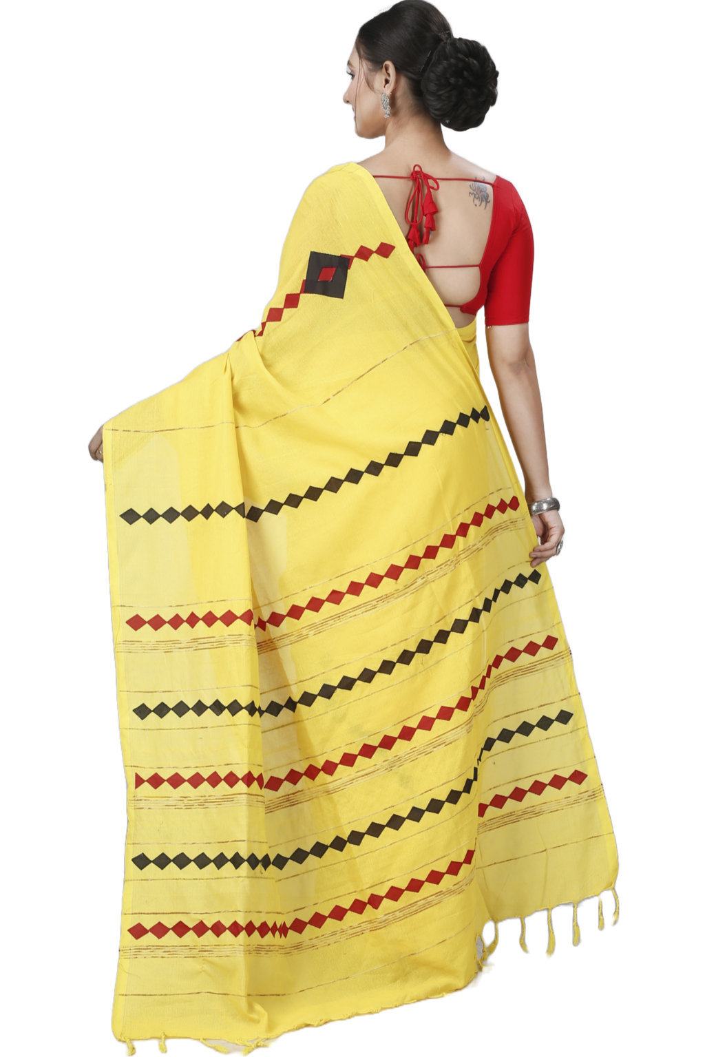 Yellow Pure Cotton Tika Applique Saree (1244)